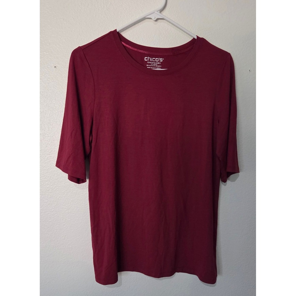 Chicos Womens Sz 1 Med Touch of Cool Elbow Layering T Shirt Red Ribbed Knit Top